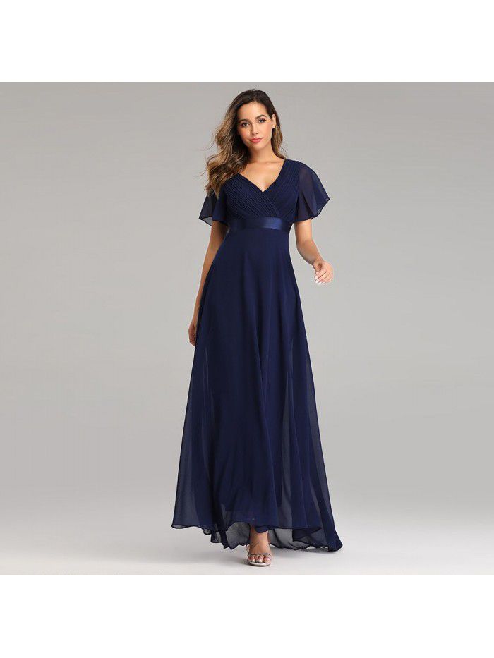 Spring/Summer Handmade Folded Big Swing Double V-neck Flare Sleeve Dress Elastic Chiffon Banquet Bridesmaid Large Evening Dress 