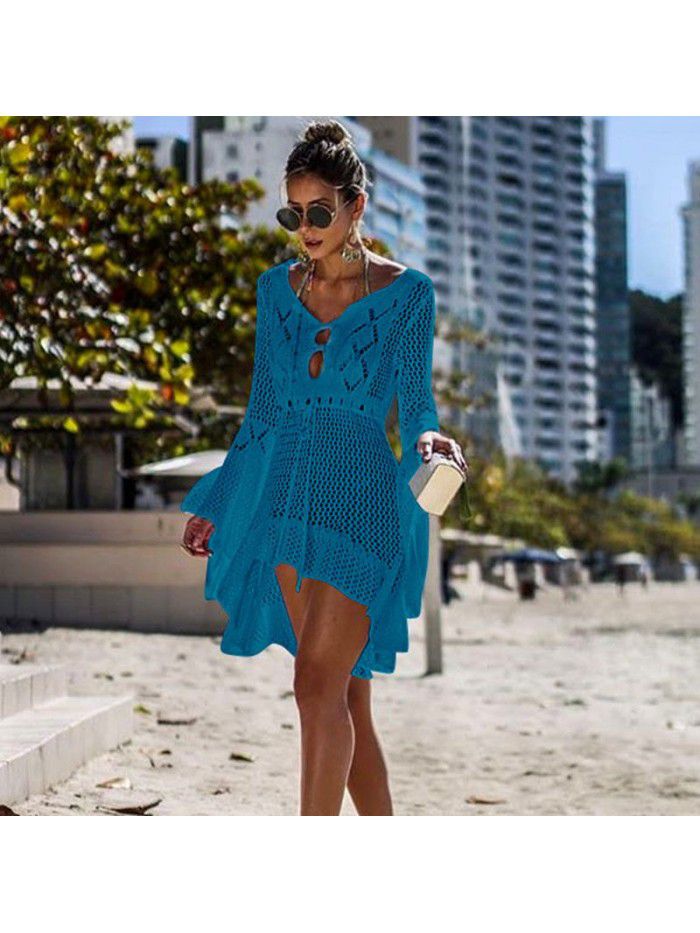 Women's Irregular Deep V Sexy Flare Sleeve Hollow out Woven Beach Cover Dress 