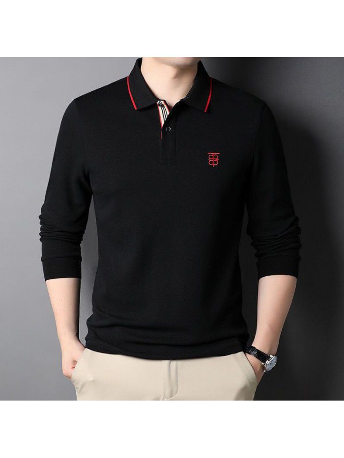 Autumn Men's Youth Long Sleeve Fashion T-shirt with Polo Collar Printed Bottom Cotton Men's POLO Shirt Top 