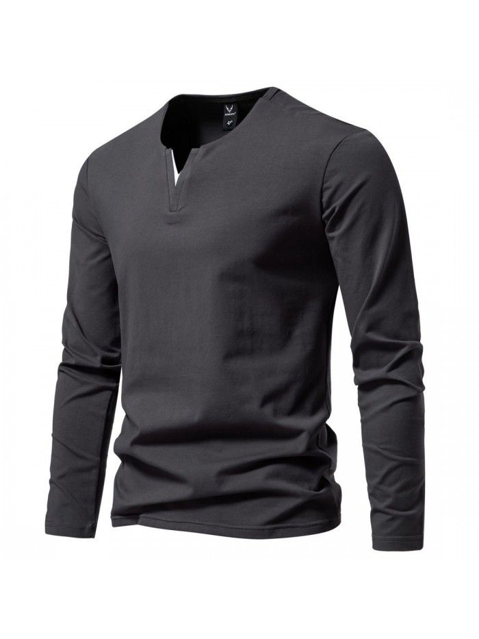 Autumn New Men's Fashion Henley T-shirt V-neck Long Sleeve T-shirt Casual Solid Underlay 