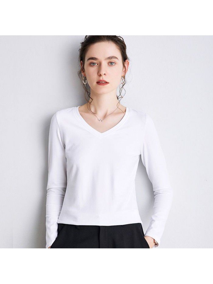 Women's Long sleeved T-shirt Women's Summer New Underlay V-neck T-shirt Loose Solid Color Simple 