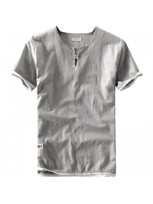 Summer New Men's Linen T-shirt Casual Wash Round N...