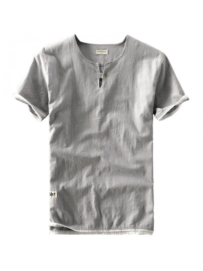 Summer New Men's Linen T-shirt Casual Wash Round Neck Cotton Linen Short Sleeve T-shirt 