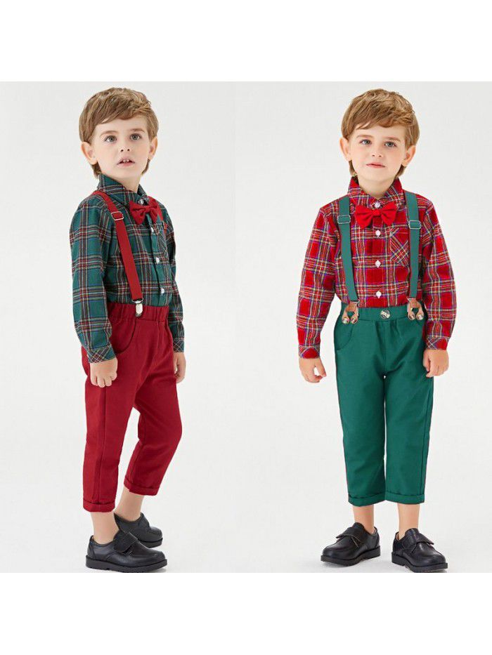 Clothing New Boys' Plaid Long Sleeve Polo Collar Cotton Cardigan Strap Pants Holiday Set Fashion Style 