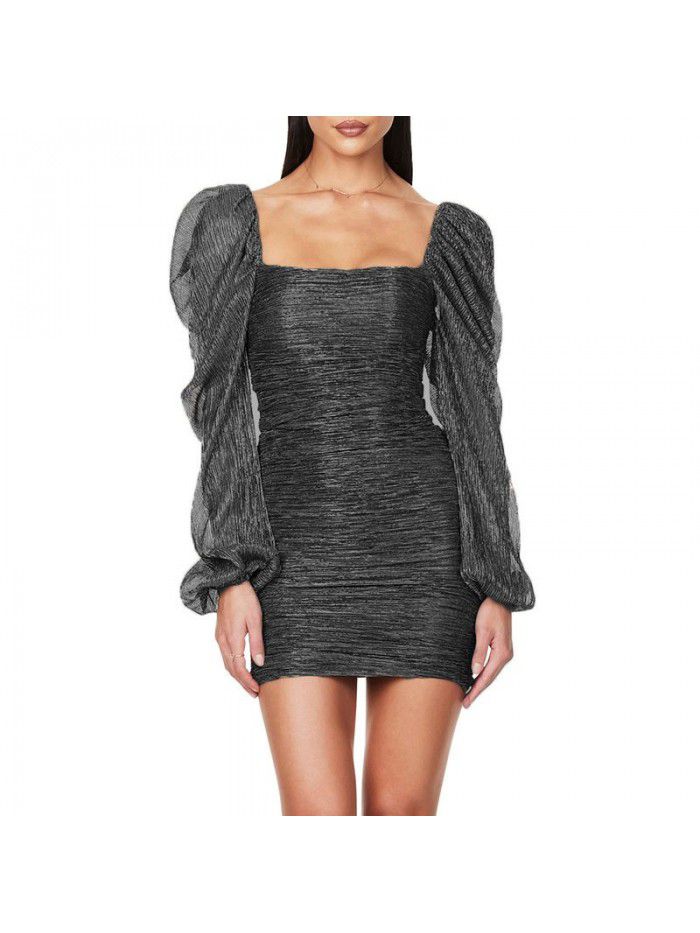 Bubble Sleeve Square Neck French Long Sleeve Slide Silk Celebrity Metal Wrap Hip Dress 
