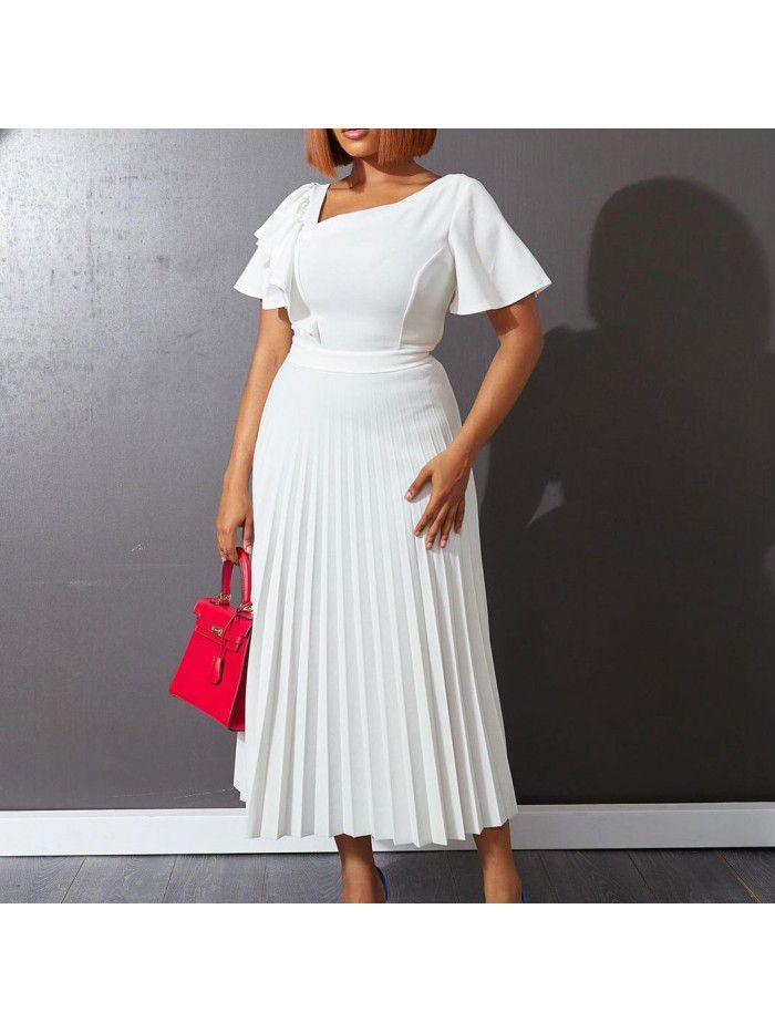 Summer New Style Style Waist Shrinking Show Thin Ruffle Edge Short Sleeve Pleated Dress