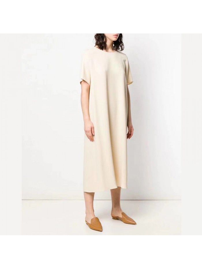 Women's Acetic Acid Short Sleeve Loose fitting Dress Mid length Simple Round Neck Long Dress 