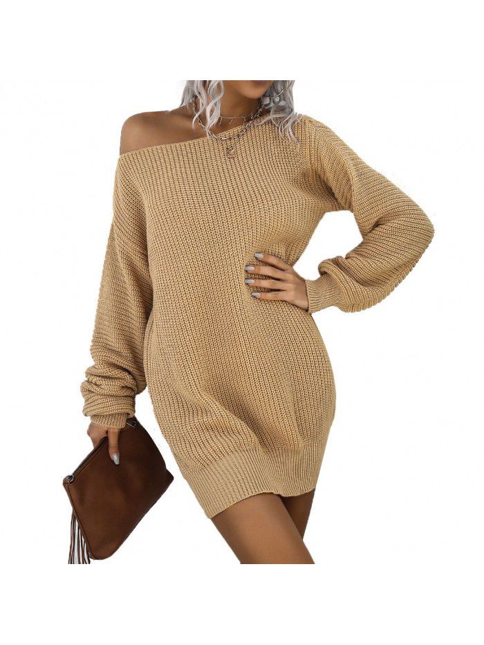 Women's autumn and winter dress casual off shoulder lantern sleeve knitted woolen dress 