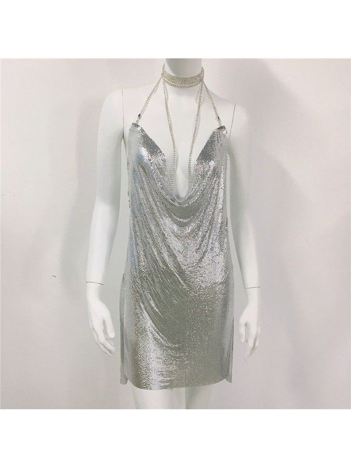 Women's Metal Sequin Dress Sexy Sweet Spicy Style Dress Water Diamond Sling Dress Women 