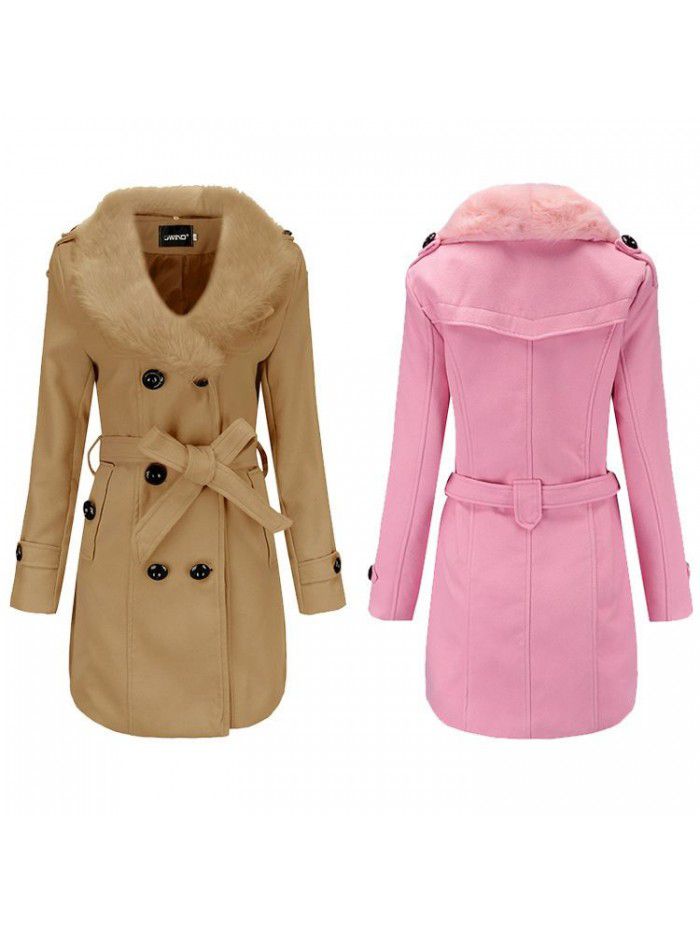 Coat, women's medium length, women's windbreaker, winter clothing, Korean version, large woolen collar, double-sided fabric