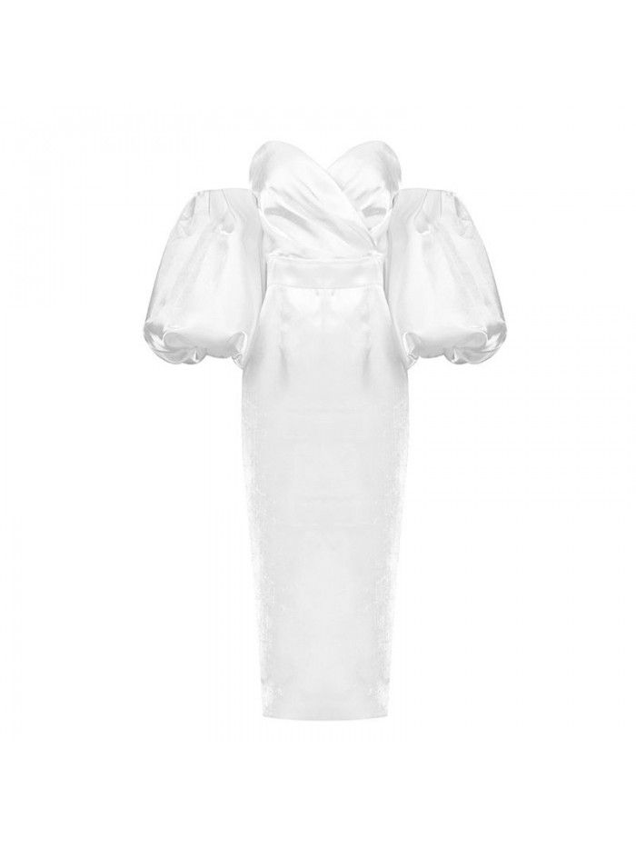 Autumn Women's Solid Color Wrapped Chest High Waist Lantern Sleeve Mid length Dress Dress 