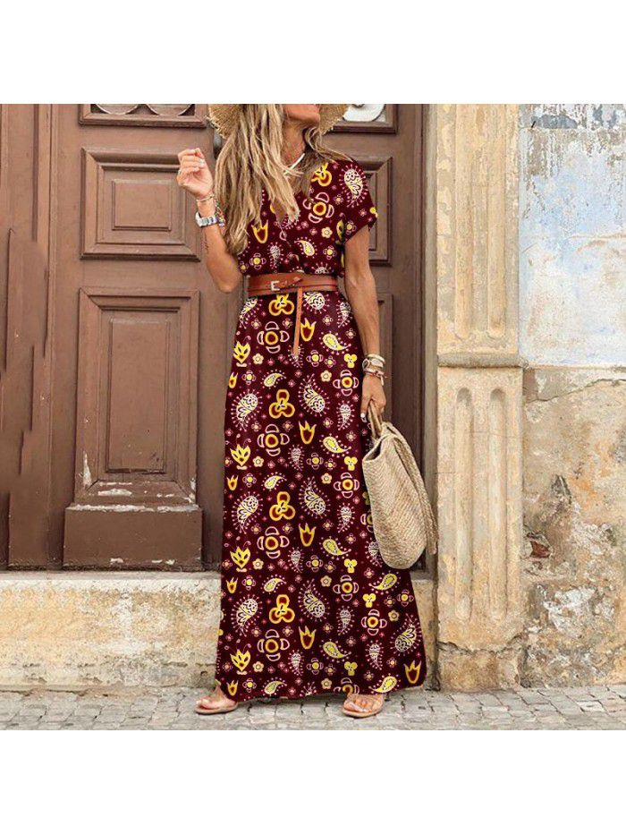Bohemian style waistband printed long dress dress 
