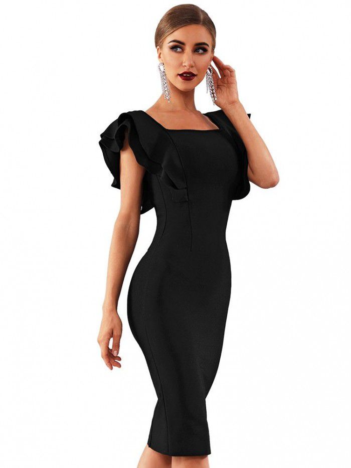 Summer Party Bandage Dress Sexy Ruffle Edge Butterfly Sleeve Tight Club Dress 