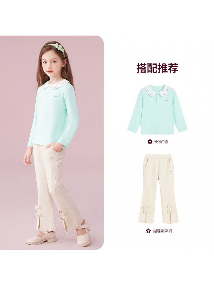 Spring New T-shirt Long Sleeve Girls' Polo Top Medium and Large Children's Wear Girls' T-shirt Casual 