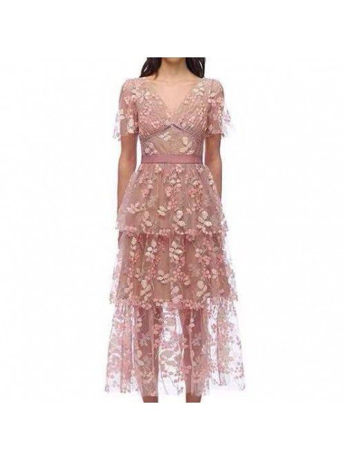 Pink Flower Sequins Beaded High Waist V-Neck Elega...