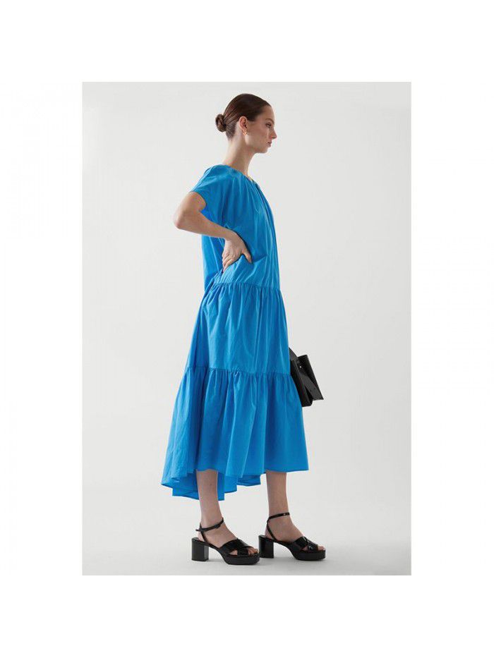 Summer New Round Neck Sleeveless Dress Two Color Pleated Pure Cotton Loose Mid length Cake Dress 