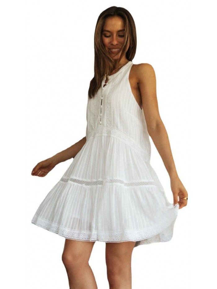 Women's vacation short skirt with lace stitching, stand up collar, button up, and large swing dress 