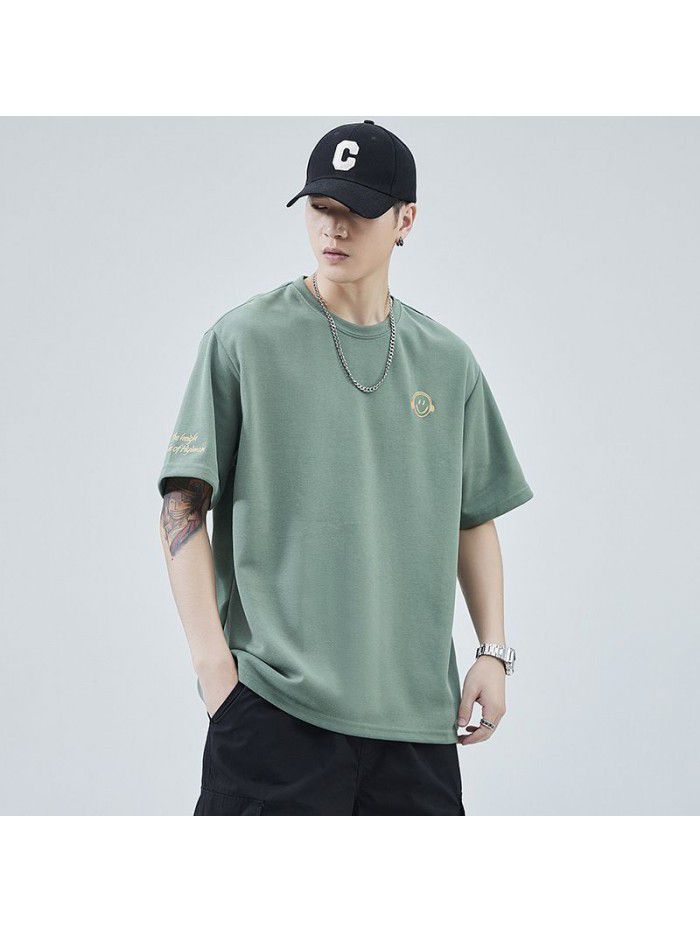 Summer New Embroidery Small Icon Short Sleeve T-shirt for Men's Loose Fashion Versatile Wear 