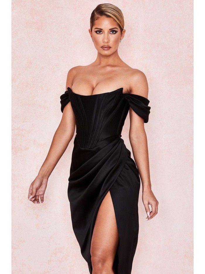 Solid color fishbone suspender sexy slit dress for women 