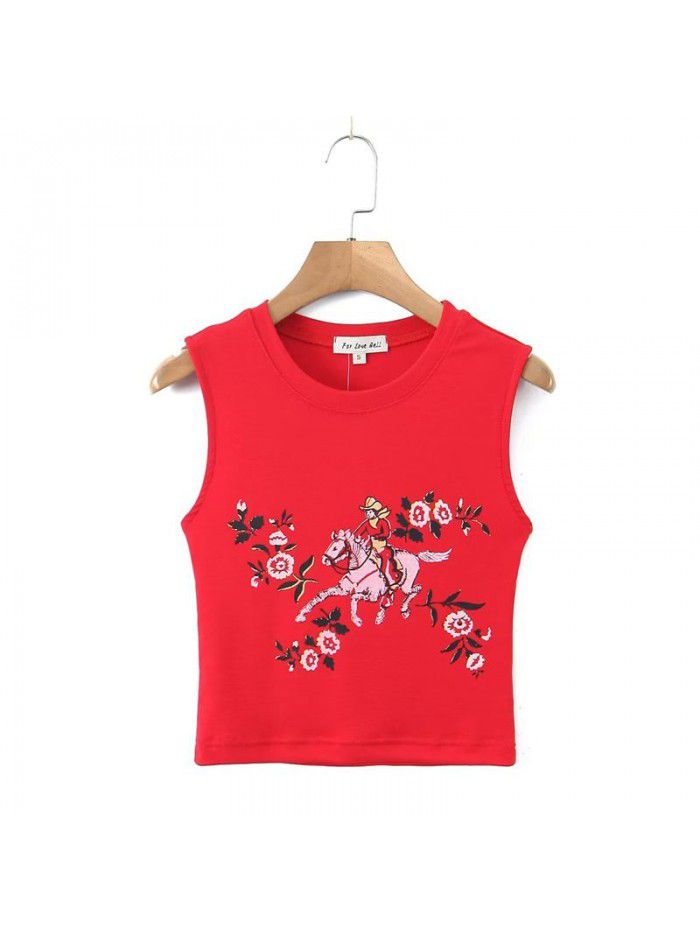 Spring New Big Red Print Back Hollow High Elastic Small Tank Top T-shirt for Women 