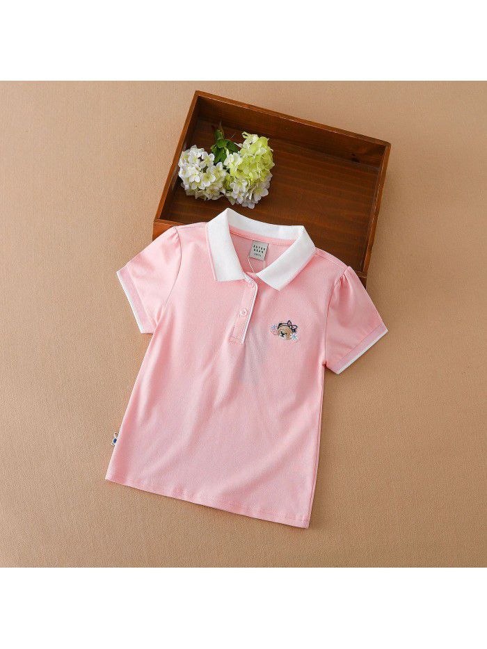 Girls' Short Sleeve T-shirt Polo Shirt Summer New Children's Top Pure Cotton Large Children's Wear Solid Color Underlay Shirt Thin 