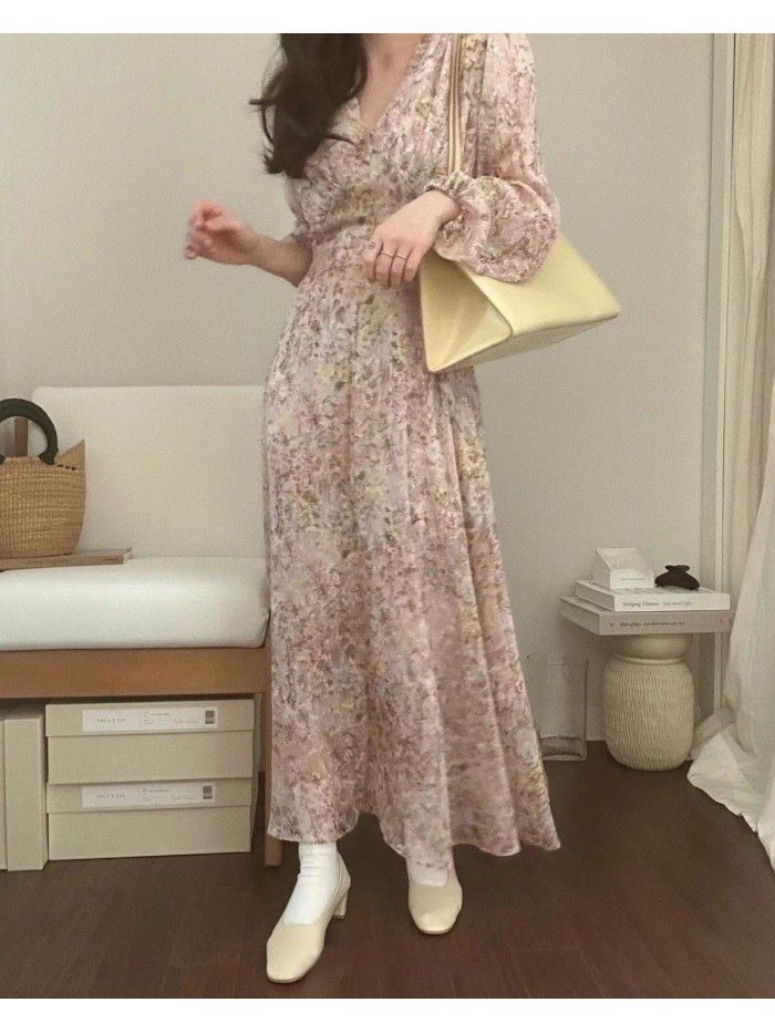 Autumn New Style Gentle and Solid Fairy Fragmented V-neck Chiffon Dress Long Dress 