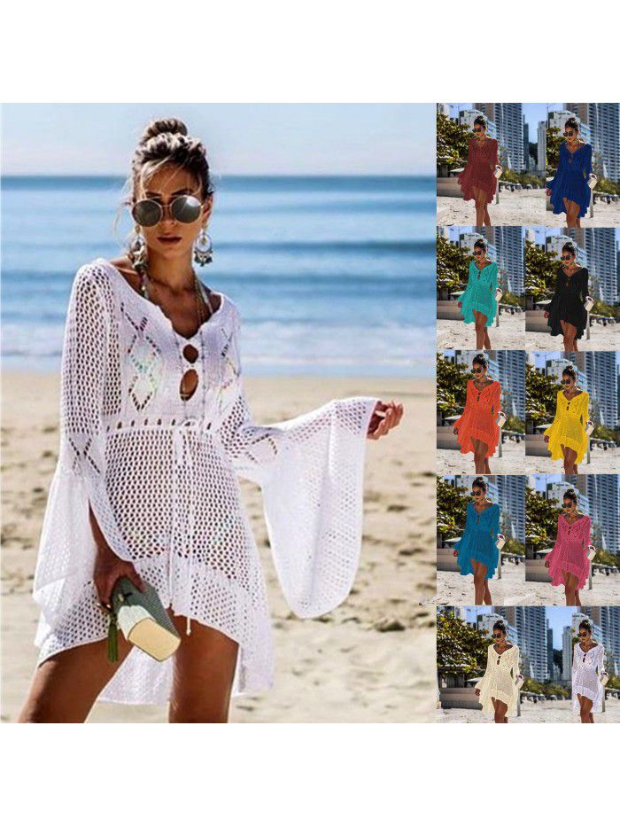 Women's Irregular Deep V Sexy Flare Sleeve Hollow out Woven Beach Cover Dress 