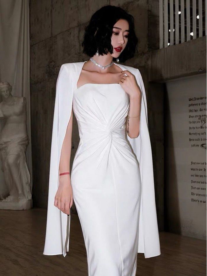 White Little Dress Autumn and Winter New Style Empress Banquet Host Temperament Short Simple and Generous Dress 