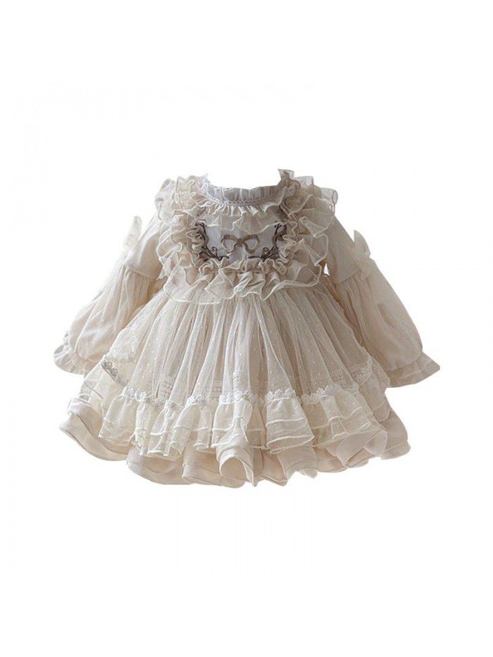 Princess dress, autumn and winter children's dress, lace fluffy yarn, baby girl's first year dress 