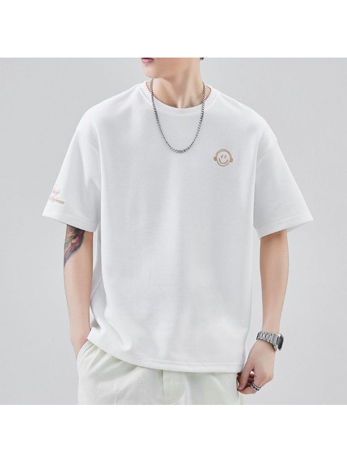 Summer New Embroidery Small Icon Short Sleeve T-shirt for Men's Loose Fashion Versatile Wear 