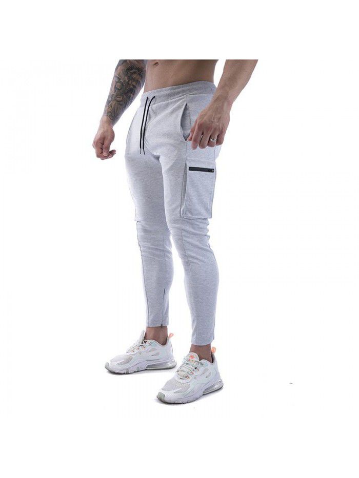 Men's sports pants stretch cotton casual small leg large zip pocket men's pants 