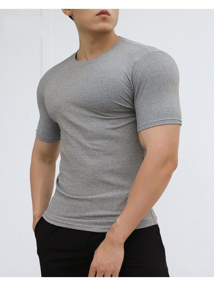 Sports Short Sleeve Men's Summer Solid Stripe Fitness Training Casual High Elastic Fit T-shirt Top 