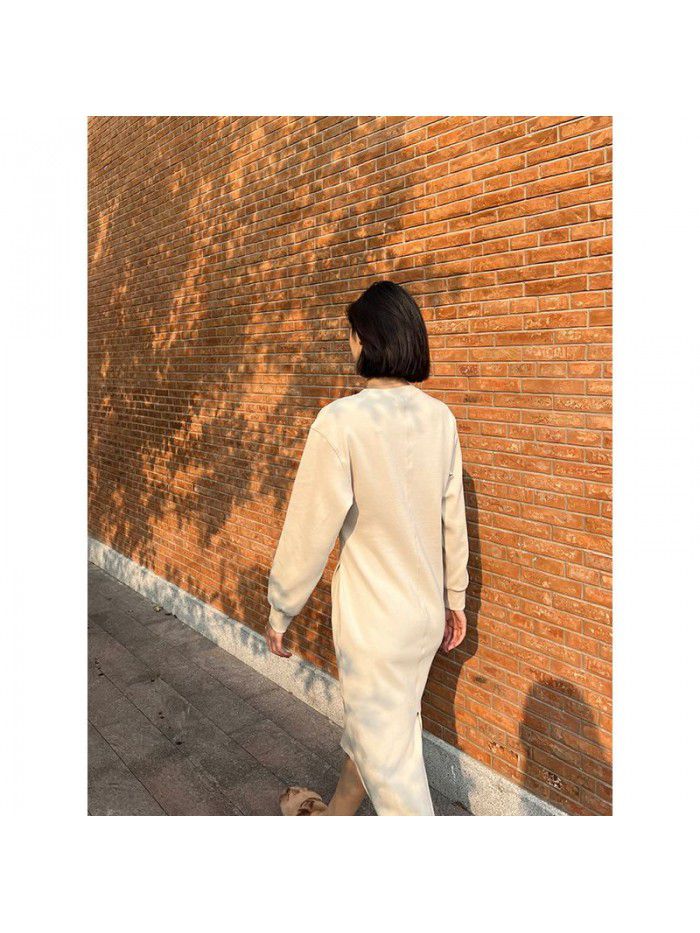 Early Autumn New Air Layer Waist Fold Sweatshirt Style Dress Shows Slim Length 