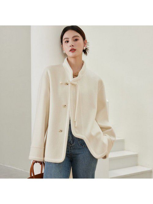 Double sided cashmere coat with button up for wome...