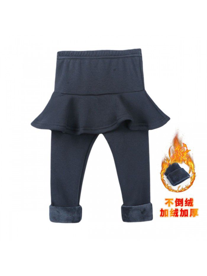 Fake two-piece leggings girls' skirt pants wear plush thickened children's thermal insulation trousers cotton in winter 