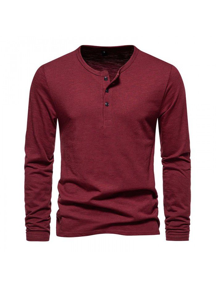 New Men's Long Sleeve T-shirt Fashion Solid Three Button Henry T-shirt Men's Top T-shirt Underlay 