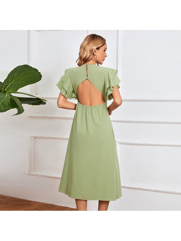 Women's New V-neck Sexy Backless A-line Dress Mid length Dress 