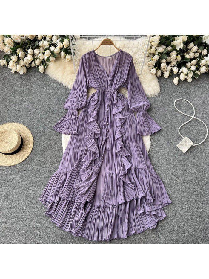 Fashionable and Sexy Solid V-Neck Ruffled Flare Sleeves to hem Dress 