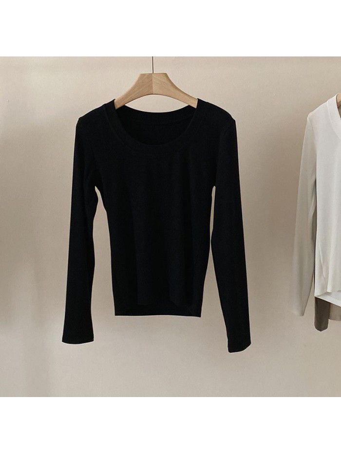 Practical and minimalist round neck long sleeved t-shirt for women's basic versatile slim fitting top 