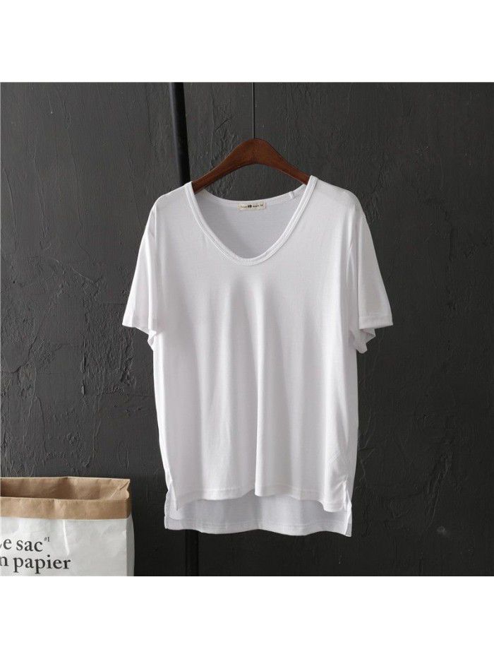 Basic solid V-neck short sleeved T-shirt for female students Summer loose bottomed shirt for slimming top trend 