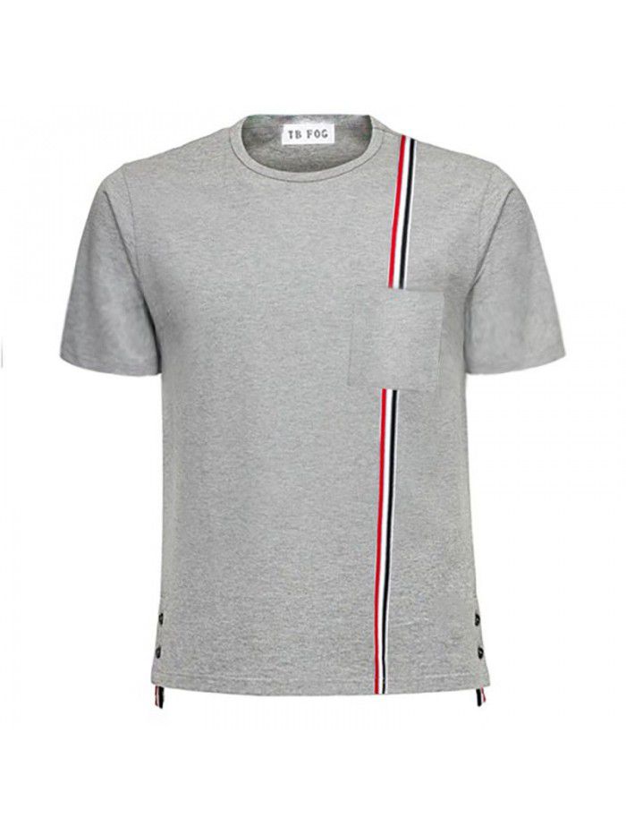 Pocket Red, White, Blue Ribbon Stripe Pure Cotton Summer Short Sleeve T-shirt Casual Fashion Male Couple 