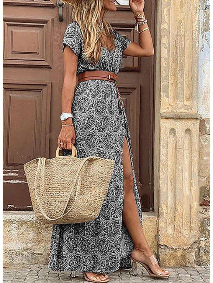 Bohemian style waistband printed long dress dress 