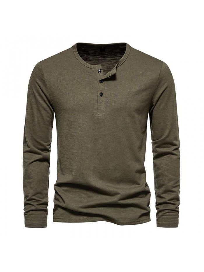 New Men's Long Sleeve T-shirt Fashion Solid Three Button Henry T-shirt Men's Top T-shirt Underlay 