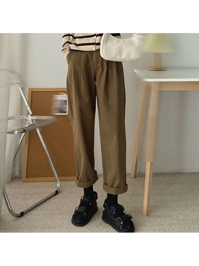 Loose fitting workwear women's casual pants Spring new half elastic waist slimming solid color versatile straight leg pants 