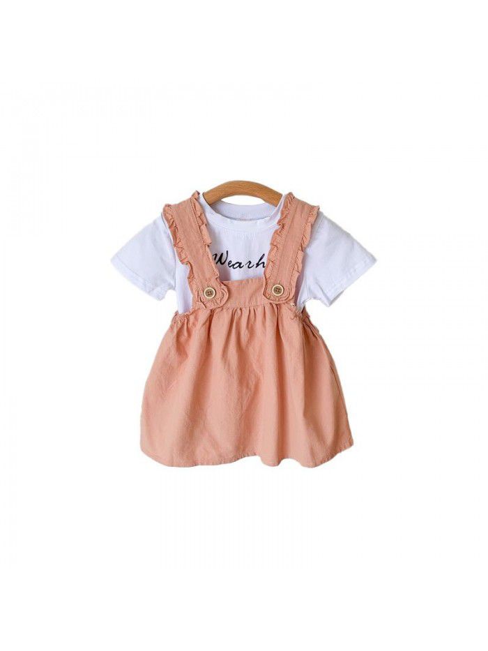 Girls' Strap Dress Set Summer New Korean Women's Treasure Letter T-shirt Short Sleeve Strap Dress Pink 