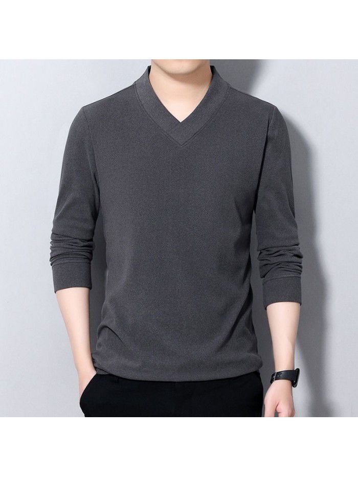 Men's double-sided velvet T-shirt, men's sweater, long sleeved V-neck, large size base coat, spring and autumn new solid color matte top 