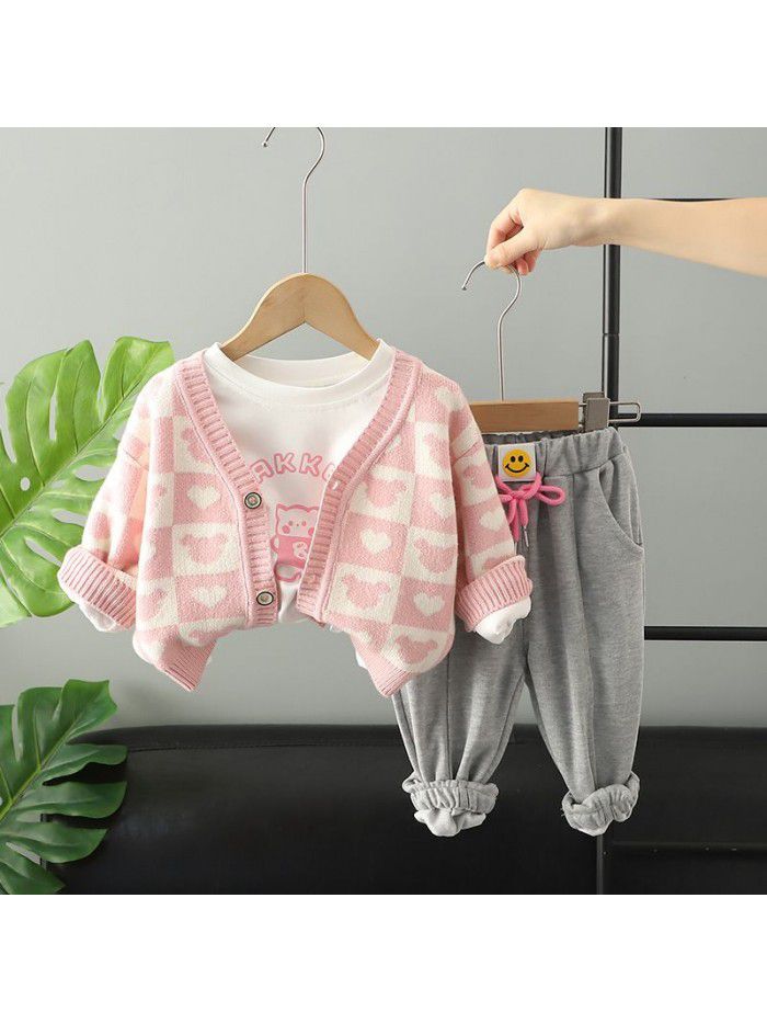 Children's autumn style girls' knitted cardigan jacket printed long sleeved T-shirt casual pants three piece set trend 