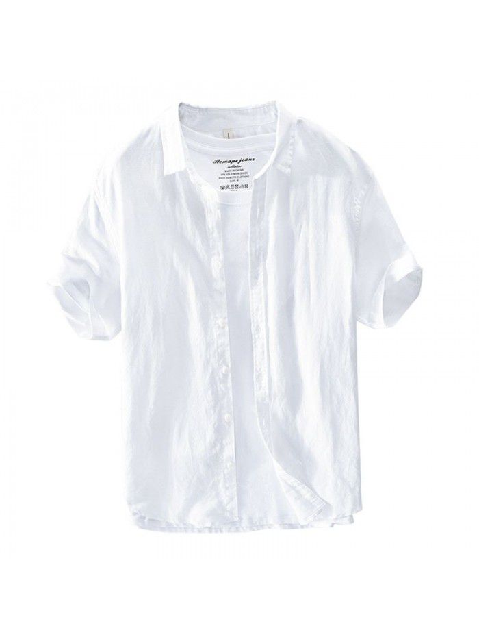 Summer casual simple cotton linen short sleeved men's shirt refreshing and fashionable men's shirt 