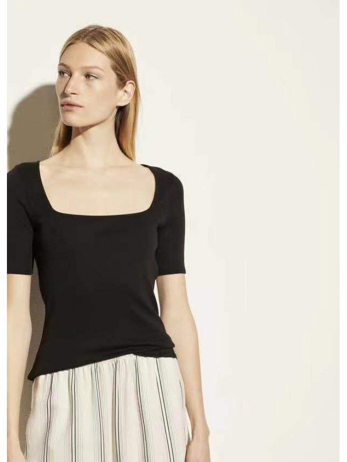 Women's T-shirt Cotton Style Commuter Square Neck Short Sleeve Slim Fit Solid Color T-shirt 