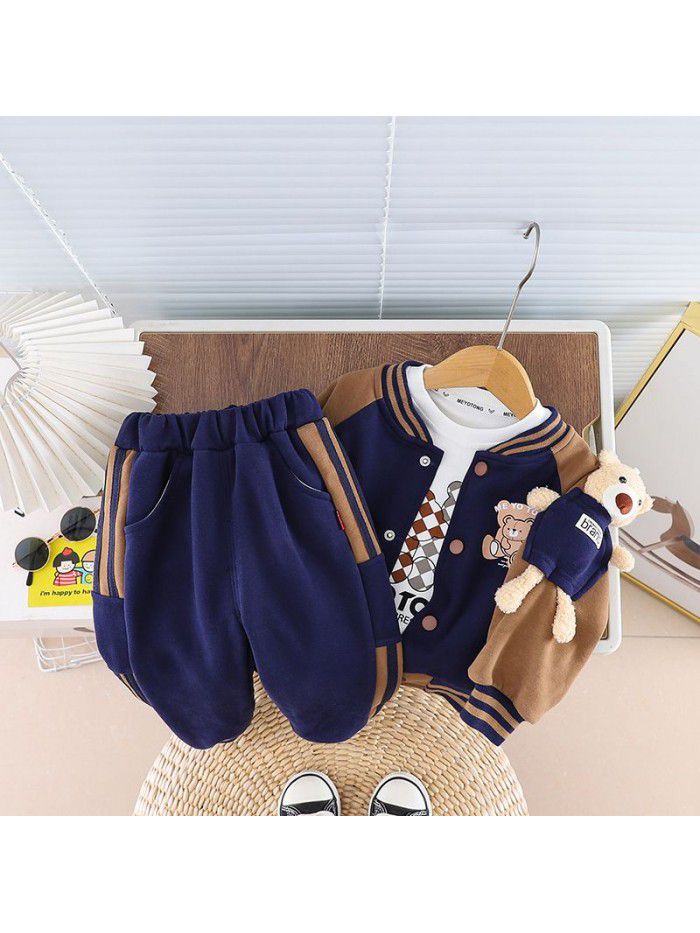 Autumn New Little Bear Baseball Suit Three Piece Cartoon Set 1-5 Year Old Boys' Long Sleeve Sports Set 